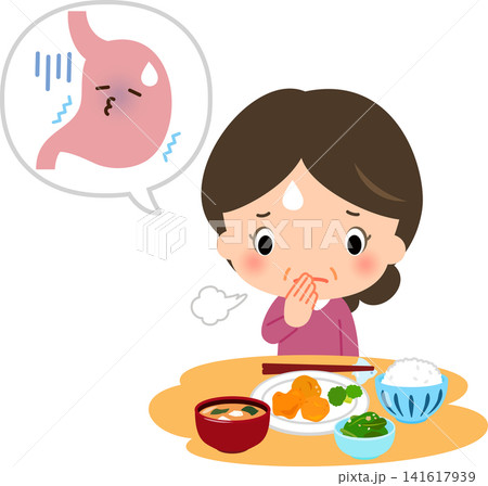 胃の調子が悪く食事を摂るのを躊躇っている中年女性 胃の調子が悪く食事を摂るのを躊躇っている中年女性 141617939