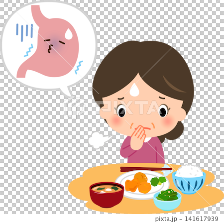 胃の調子が悪く食事を摂るのを躊躇っている中年女性 胃の調子が悪く食事を摂るのを躊躇っている中年女性 141617939