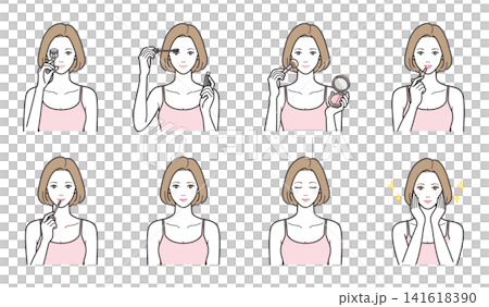 An 8-piece illustration set showing a woman's point makeup and a completed full makeup look (eyelash curler, mascara, blush, lipstick). An 8-piece illustration set showing a woman's point makeup and a completed full makeup look (eyelash curler, mascara, blush, lipstick). 141618390
