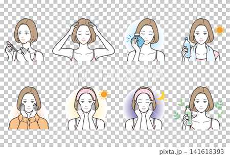 女性のパーツケアと生活習慣・朝夜スキンケアのイラスト8点セット(ネイルケア・氷嚢・朝ケア・夜ケア・オ 女性のパーツケアと生活習慣・朝夜スキンケアのイラスト8点セット(ネイルケア・氷嚢・朝ケア・夜ケア・オ 141618393