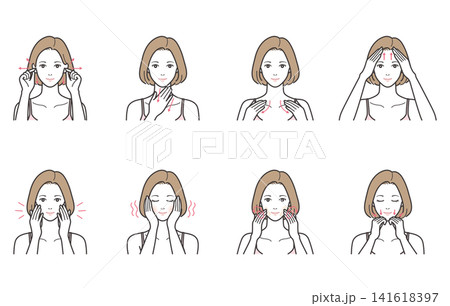女性の耳・首・デコルテマッサージとパッティングのイラスト8点セット（リンパ流し・血行促進・矢印） 141618397