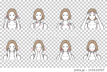 女性の耳・首・デコルテマッサージとパッティングのイラスト8点セット（リンパ流し・血行促進・矢印） 141618397