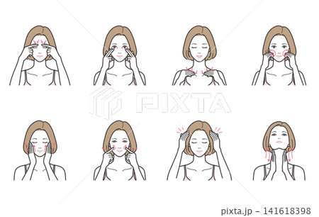 女性のパーツ別フェイシャル&ヘッドマッサージのイラスト8点セット(目元・鎖骨・頭皮・首・矢印) 女性のパーツ別フェイシャル&ヘッドマッサージのイラスト8点セット(目元・鎖骨・頭皮・首・矢印) 141618398