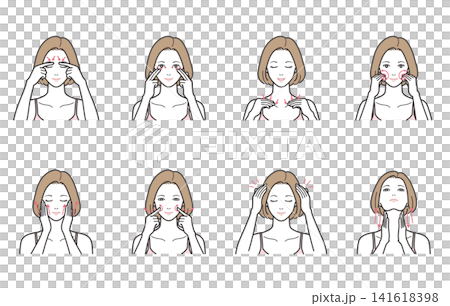 女性のパーツ別フェイシャル&ヘッドマッサージのイラスト8点セット(目元・鎖骨・頭皮・首・矢印) 女性のパーツ別フェイシャル&ヘッドマッサージのイラスト8点セット(目元・鎖骨・頭皮・首・矢印) 141618398