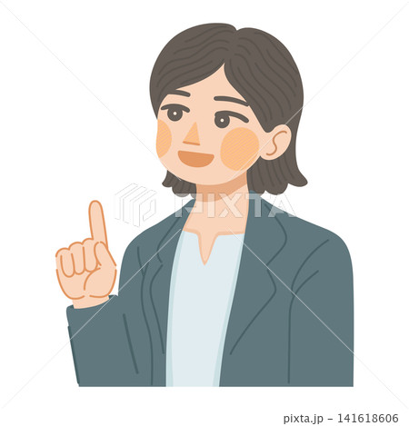笑顔で上を向きながら、指をさすスーツ姿の女性のイラスト 笑顔で上を向きながら、指をさすスーツ姿の女性のイラスト 141618606