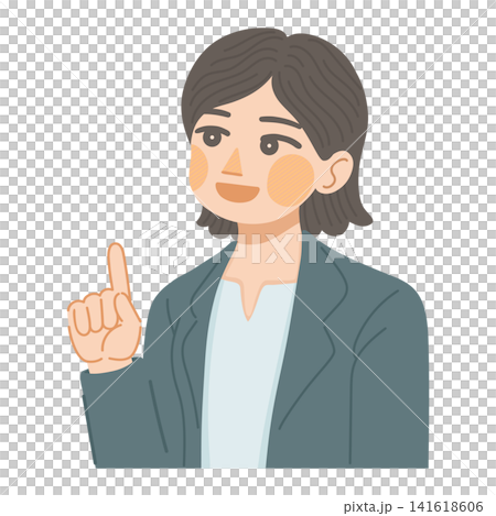 笑顔で上を向きながら、指をさすスーツ姿の女性のイラスト 笑顔で上を向きながら、指をさすスーツ姿の女性のイラスト 141618606