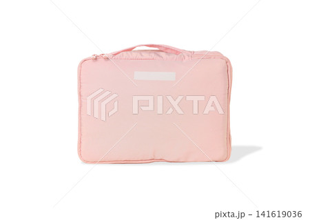 Cosmetic bag in pink color for organizing travel items, isolated, PNG 141619036