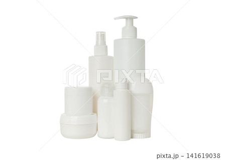 White cosmetic containers on a surface, isolated, PNG White cosmetic containers on a surface, isolated, PNG 141619038