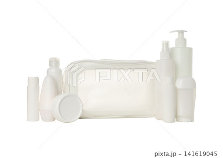 Cosmetic containers and a toilet bag ready for travel, isolated, PNG Cosmetic containers and a toilet bag ready for travel, isolated, PNG 141619045