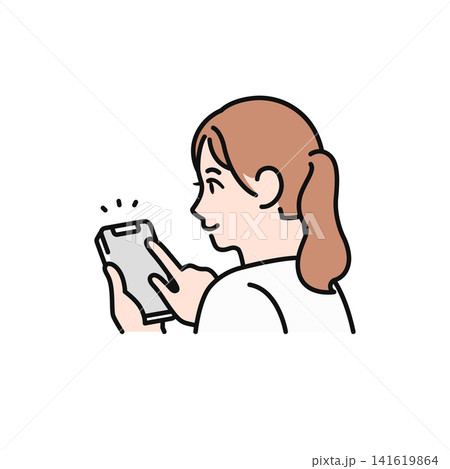 笑顔でスマートフォンを操作する女性の後ろ姿のシンプルなベクターイラスト素材 141619864