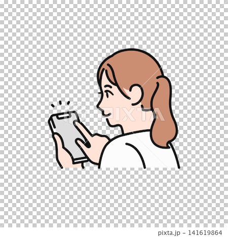 笑顔でスマートフォンを操作する女性の後ろ姿のシンプルなベクターイラスト素材 141619864
