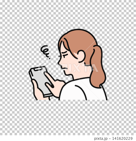 A simple vector illustration of a woman's back as she gets frustrated with her smartphone. A simple vector illustration of a woman's back as she gets frustrated with her smartphone. 141620229