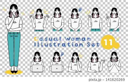 A collection banner featuring 11 variations of casual female expressions and poses. A collection banner featuring 11 variations of casual female expressions and poses. 141620269