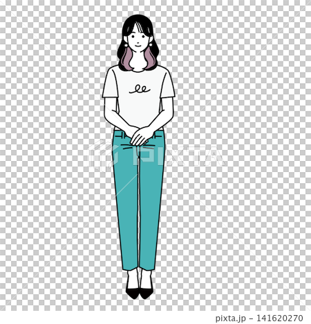 A full-body illustration of a casually dressed woman with a calm expression, standing with her hands clasped in front of her. A full-body illustration of a casually dressed woman with a calm expression, standing with her hands clasped in front of her. 141620270