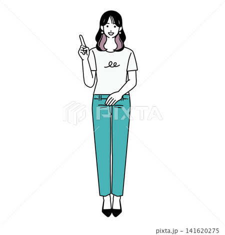 人差し指を立てて説明するカジュアルな女性の全身イラスト 人差し指を立てて説明するカジュアルな女性の全身イラスト 141620275