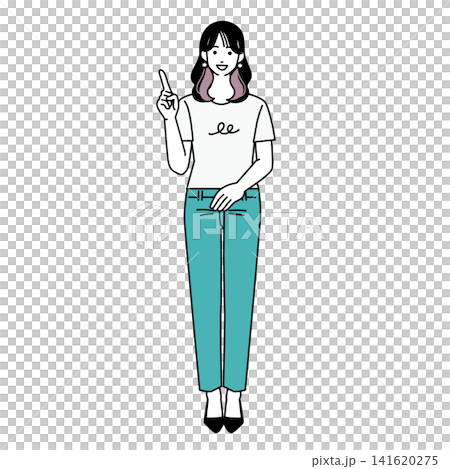 人差し指を立てて説明するカジュアルな女性の全身イラスト 人差し指を立てて説明するカジュアルな女性の全身イラスト 141620275