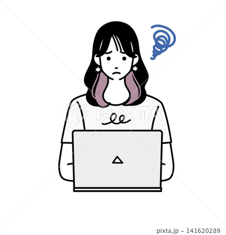 パソコンの前で困った表情を浮かべるカジュアルな女性のバストアップイラスト パソコンの前で困った表情を浮かべるカジュアルな女性のバストアップイラスト 141620289