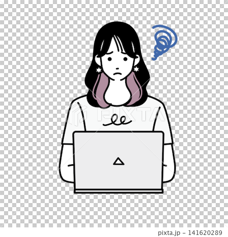 パソコンの前で困った表情を浮かべるカジュアルな女性のバストアップイラスト パソコンの前で困った表情を浮かべるカジュアルな女性のバストアップイラスト 141620289