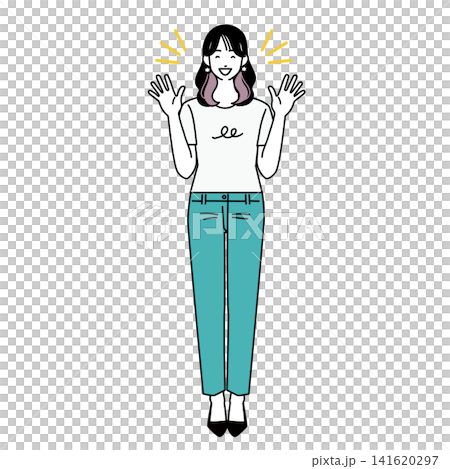 一幅全身插圖,描繪了一位穿著休閒裝的女子高興地舉起雙手。 一幅全身插圖,描繪了一位穿著休閒裝的女子高興地舉起雙手。 141620297