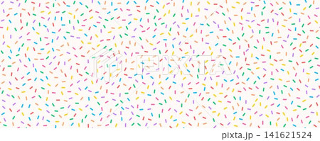 Seamless pattern of donut icing with sprinkles. Colorful candy cream background. White cake glaze overlay for decorative banner, poster. Cupcake or ice cream topping texture. Vector confetti wallpaper 141621524