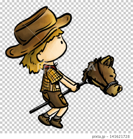 Cute cowboy playing hobby horse isolated cartoon illustration 141621728