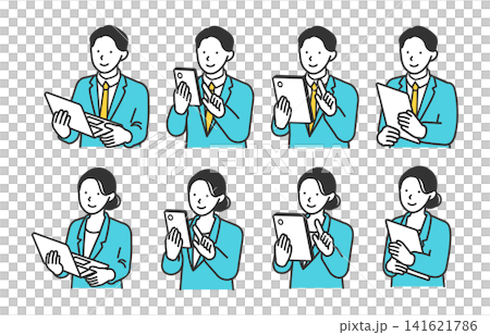 パソコンや書類を持つスーツ姿のビジネスパーソン上半身イラスト。表情豊かな社員と各種デバイスのセット パソコンや書類を持つスーツ姿のビジネスパーソン上半身イラスト。表情豊かな社員と各種デバイスのセット 141621786
