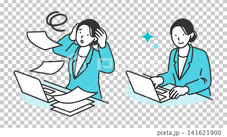 插圖描繪了一位女企業家如何從被大量文書工作壓得喘不過氣,到透過提高工作效率和實現無紙化辦公,從而擁有更舒適的工作環境。 插圖描繪了一位女企業家如何從被大量文書工作壓得喘不過氣,到透過提高工作效率和實現無紙化辦公,從而擁有更舒適的工作環境。 141621900
