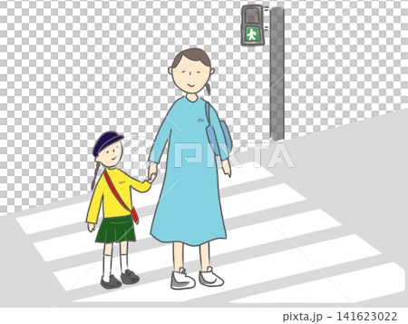 A mother and child safely crossing a pedestrian crossing. A mother and child safely crossing a pedestrian crossing. 141623022