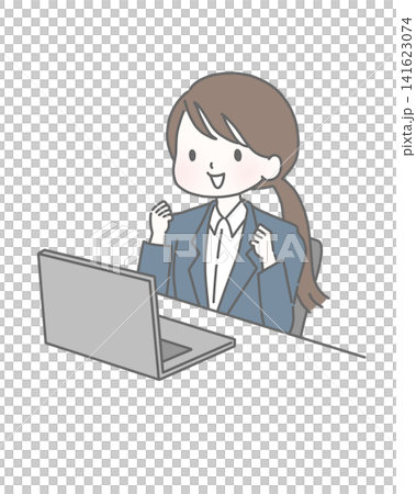 A woman in a suit makes a triumphant gesture in front of her computer. A woman in a suit makes a triumphant gesture in front of her computer. 141623074