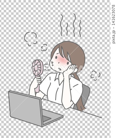 ミニ扇風機を持った暑がる半袖シャツの女性 ミニ扇風機を持った暑がる半袖シャツの女性 141623078