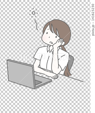 A woman in a short-sleeved shirt staring blankly at her computer. A woman in a short-sleeved shirt staring blankly at her computer. 141623230