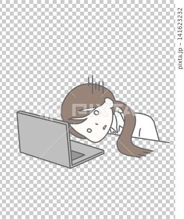 A woman in a short-sleeved shirt, looking despairing and depressed in front of her computer. A woman in a short-sleeved shirt, looking despairing and depressed in front of her computer. 141623232