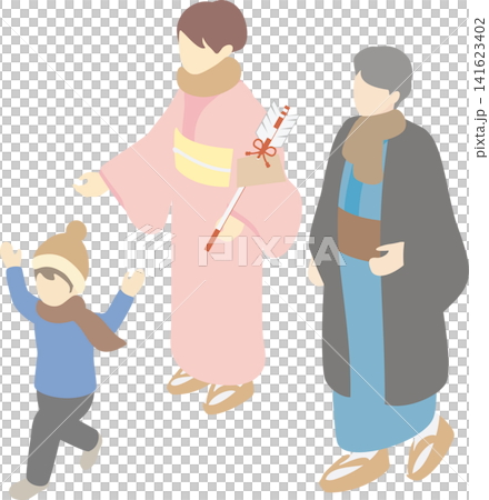 一幅等距插圖,描繪了一家人穿著和服,前往神社進行一年中的第一次參拜。 一幅等距插圖,描繪了一家人穿著和服,前往神社進行一年中的第一次參拜。 141623402