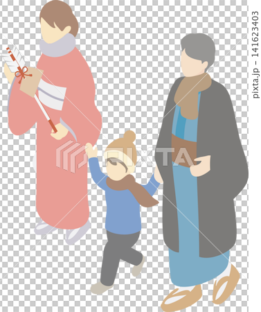一幅等距插圖，描繪了一家人穿著和服，前往神社進行一年中的第一次參拜。 141623403