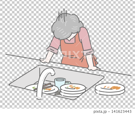 An elderly woman exhausted from washing dishes in the sink. An elderly woman exhausted from washing dishes in the sink. 141623443