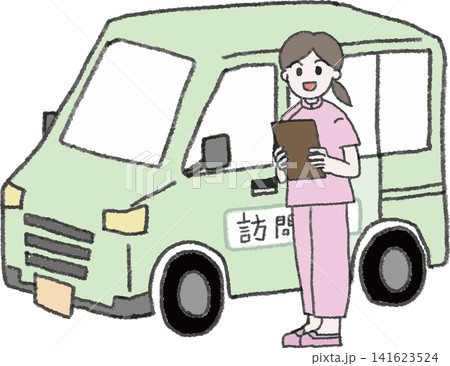 車で利用者の自宅へ向かう訪問介護の女性(車体に訪問の文字・フルカラー・ベクター) 車で利用者の自宅へ向かう訪問介護の女性(車体に訪問の文字・フルカラー・ベクター) 141623524