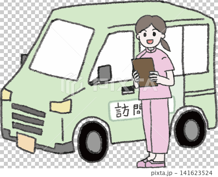 車で利用者の自宅へ向かう訪問介護の女性(車体に訪問の文字・フルカラー・ベクター) 車で利用者の自宅へ向かう訪問介護の女性(車体に訪問の文字・フルカラー・ベクター) 141623524