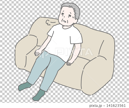 A tired elderly man slumped on a sofa. A tired elderly man slumped on a sofa. 141623561