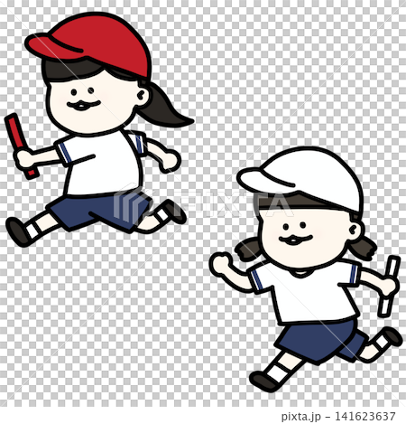 バトンを持ってリレーで走る女子児童のイラスト（背景透過） 141623637