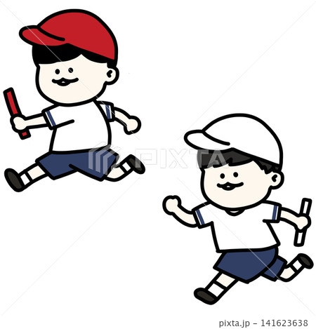 バトンを持ってリレーで走る男子児童のイラスト(背景透過) バトンを持ってリレーで走る男子児童のイラスト(背景透過) 141623638