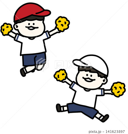 運動会のダンスでポンポンを持って踊る男子児童のイラスト（背景透過） 141623897
