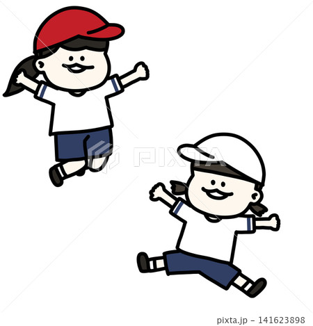 運動会で元気にジャンプする女子児童のイラスト(背景透過) 運動会で元気にジャンプする女子児童のイラスト(背景透過) 141623898