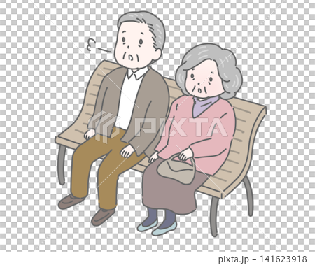An elderly couple takes a break on a bench. An elderly couple takes a break on a bench. 141623918