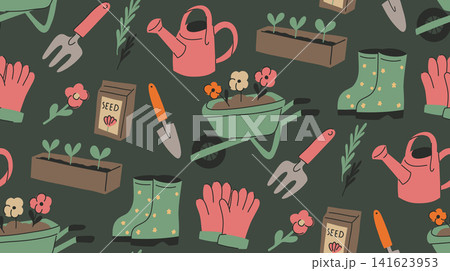 Vector seamless gardening pattern in naive style on a dark background. Hobbies and floriculture Vector seamless gardening pattern in naive style on a dark background. Hobbies and floriculture 141623953