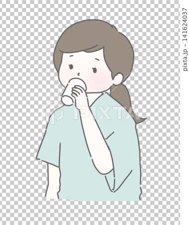 胃カメラ検査の前処置をする女性(飲む) 胃カメラ検査の前処置をする女性(飲む) 141624037