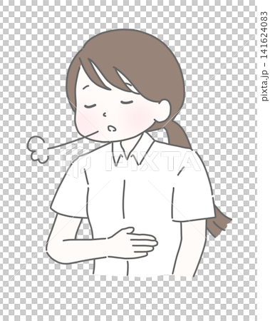 胃を押さえて息を吐く半袖シャツの女性 141624083