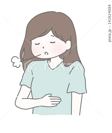 胃を押さえて息を吐く女性 胃を押さえて息を吐く女性 141624084