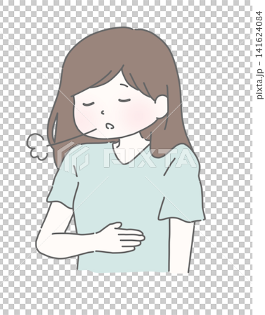 胃を押さえて息を吐く女性 胃を押さえて息を吐く女性 141624084