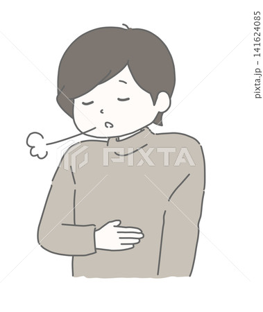 胃を押さえて息を吐く男性  141624085
