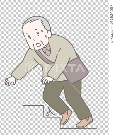 An elderly man trips on an outdoor staircase. An elderly man trips on an outdoor staircase. 141624087